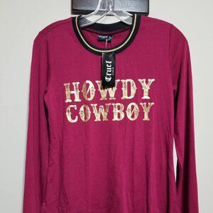 Cruel Denim Tee Top Red XS Cowboy Western Bling Long Sleeve NWT